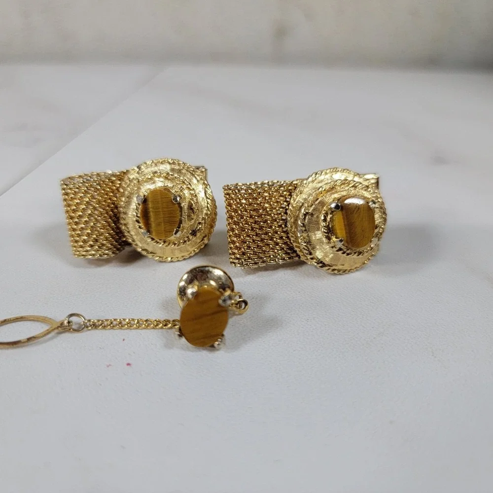 TIGER'S EYE‎ MESH CUFFLINKS WRAP AROUND VINTAGE MID CENTURY Tie Tack
